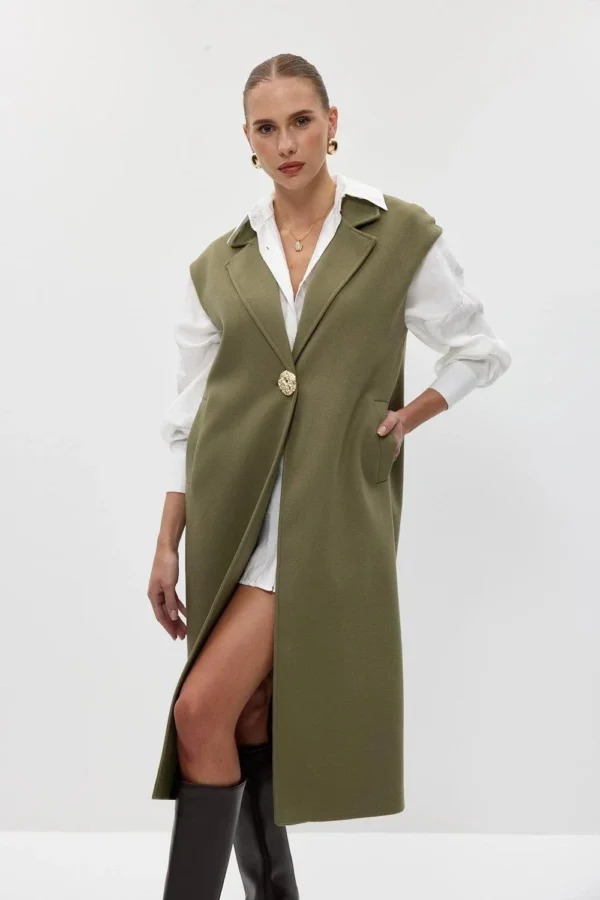 Big Button Detail Green Long Soft Wool Vest