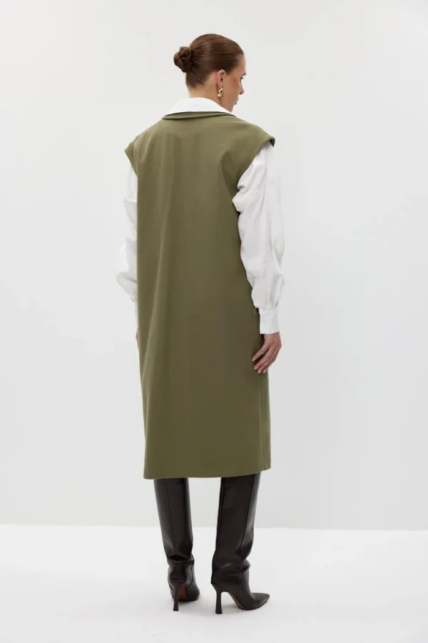 Big Button Detail Green Long Soft Wool Vest - Image 2