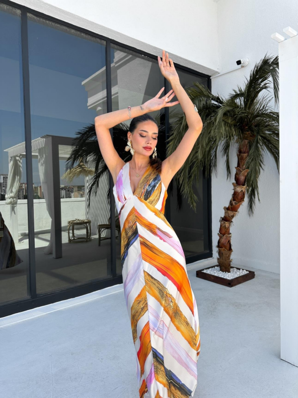 Multicolored V neck long dress