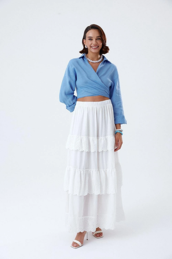 Blue Color Front Tie Detailed Cropped Linen Shirt - Image 2
