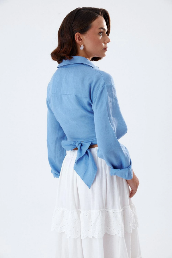 Blue Color Front Tie Detailed Cropped Linen Shirt - Image 3