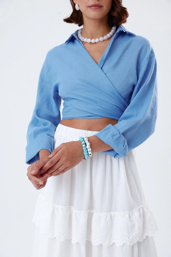 Blue Color Front Tie Detailed Cropped Linen Shirt