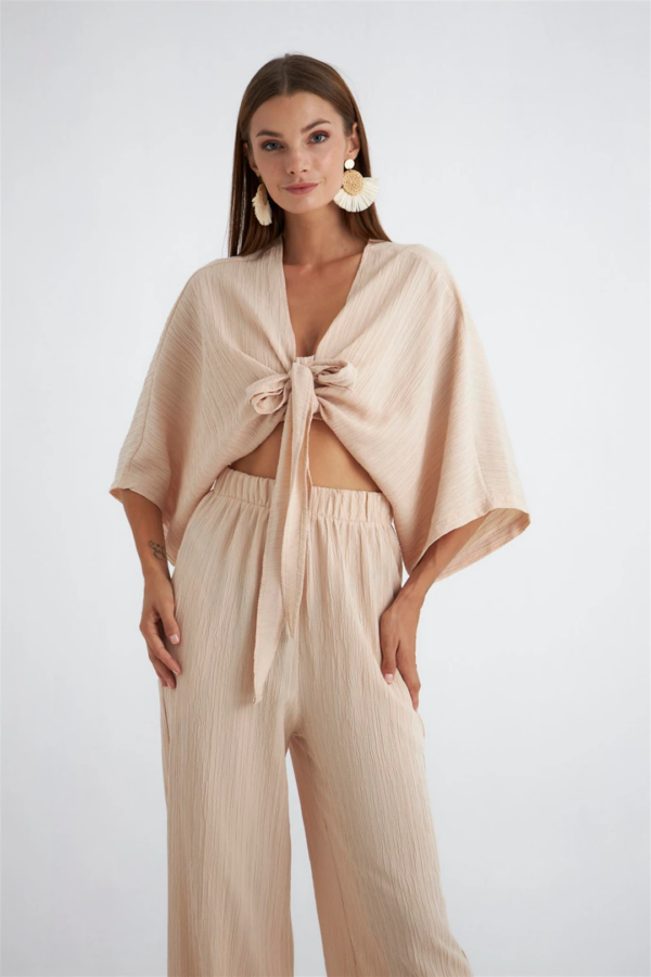 Tie Knot Detailed Blouse And Pants Set Beige Color